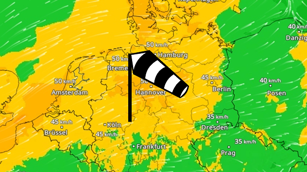 Windradar mit Böen um 50 km/h in der Nordhälfte Deutschlands.
