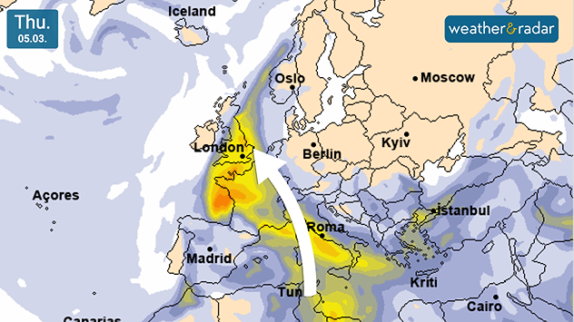 Aerosol density map dated Thu 05.03 showing a plume of Saharan dust in yellow and orange extending from North Africa across Spain and France into the UK, with an arrow indicating northward movement toward London.