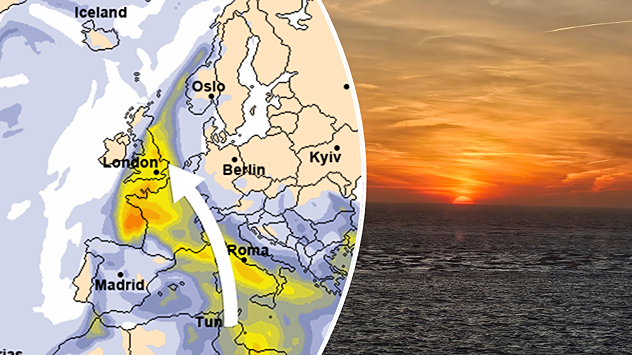 Split image showing a Europe aerosol map with Saharan dust plume in yellow extending north toward the UK on the left, and a deep orange ocean sunset with the sun on the horizon on the right, divided by a curved white line.