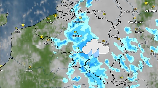 De WeerRadar toont een zone met buiige regen boven België. Icoontje van regen is daarom midden in het land ingetekend.