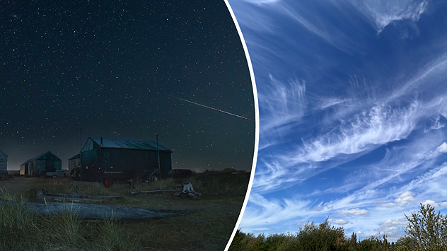Split image showing a meteor streaking through a star-filled night sky on the left and wispy white cirrus clouds sweeping across a vivid blue daytime sky on the right.