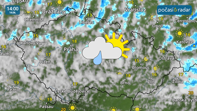 Meteoradar, screenshot, 14. 6. 14:00: V neděli v Česku pokračuje chladnější počasí s převažující velkou oblačností a ojedinělými přeháňkami. Podobné počasí nás čeká ještě i v pondělí.