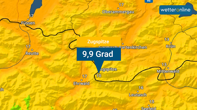 TemperaturRadar von Freitagnachmittag mit neuem Temperaturrekord auf der Zugspitze