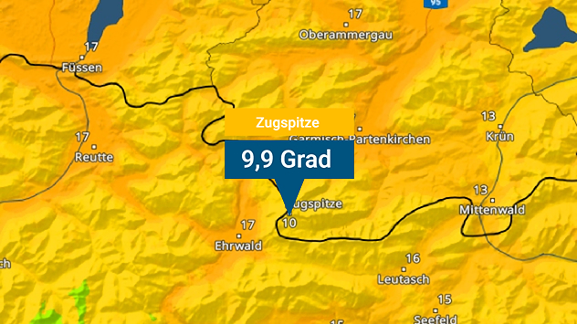 TemperaturRadar von Freitagnachmittag mit neuem Temperaturrekord auf der Zugspitze