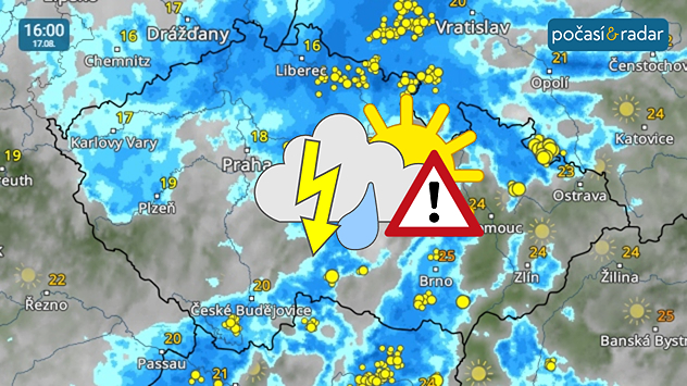 Meteoradar, screenshot, 17. srpna 16:00: Během pondělního odpoledne čekáme četný výsykt bouřek. Bouřky mohou být i velmi silné.