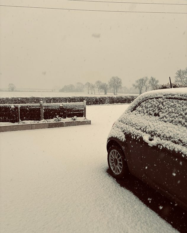 Snow falling steadily onto a parked car and driveway, with fresh snow covering the ground, hedges, and distant trees in a flat rural landscape under a pale overcast sky.