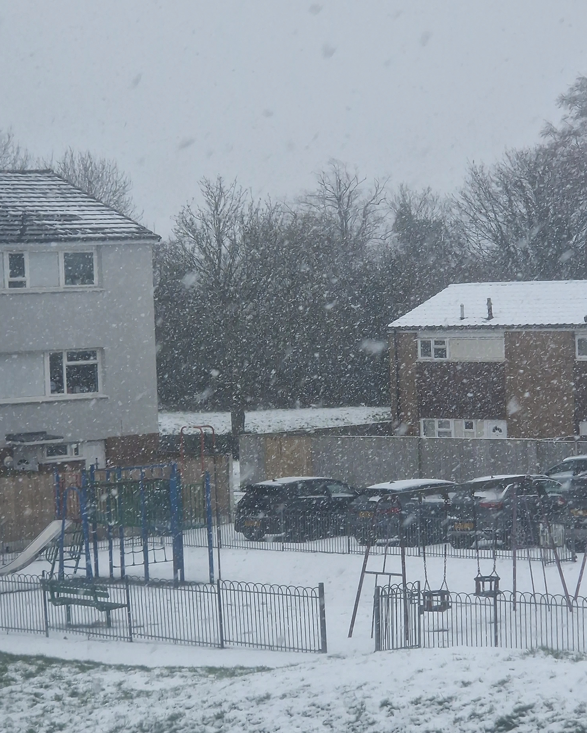 Heavy snow falling over a residential area with houses, parked cars, and a small fenced playground, as large snowflakes reduce visibility and coat roofs, trees, and the ground.