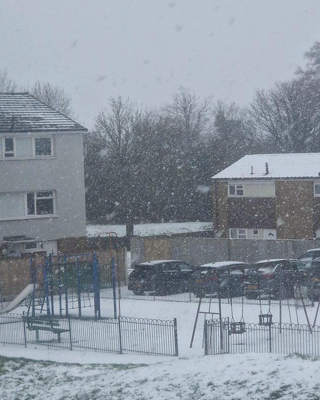 Heavy snow falling over a residential area with houses, parked cars, and a small fenced playground, as large snowflakes reduce visibility and coat roofs, trees, and the ground.