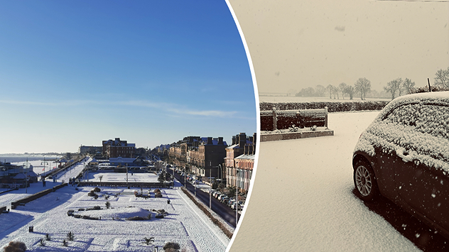 Split image showing a snow-covered coastal town under clear blue skies on the left, and fresh snowfall on the right with a parked car, falling snow, and muted rural background, divided by a curved white line.