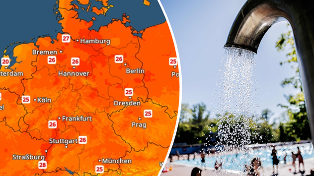 Karte mit Höchstwerten um 25 bis 28 Grad in Deutschland. Rechts ein Wasserstrahl im Freibad. Symbol für den ersten Sommertag im Mai.