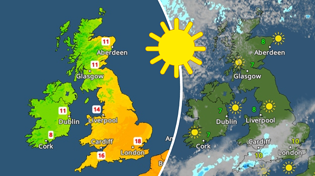 plit image showing a UK temperature map with double-digit values on the left and a UK weather map with widespread sunshine icons and clearer skies on the right, divided by a curved white line.
