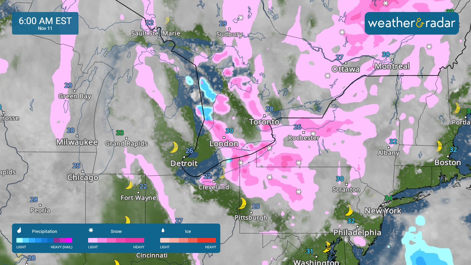 The WeatherRadar shows more lake-effect snow impacting the Great Lakes.
