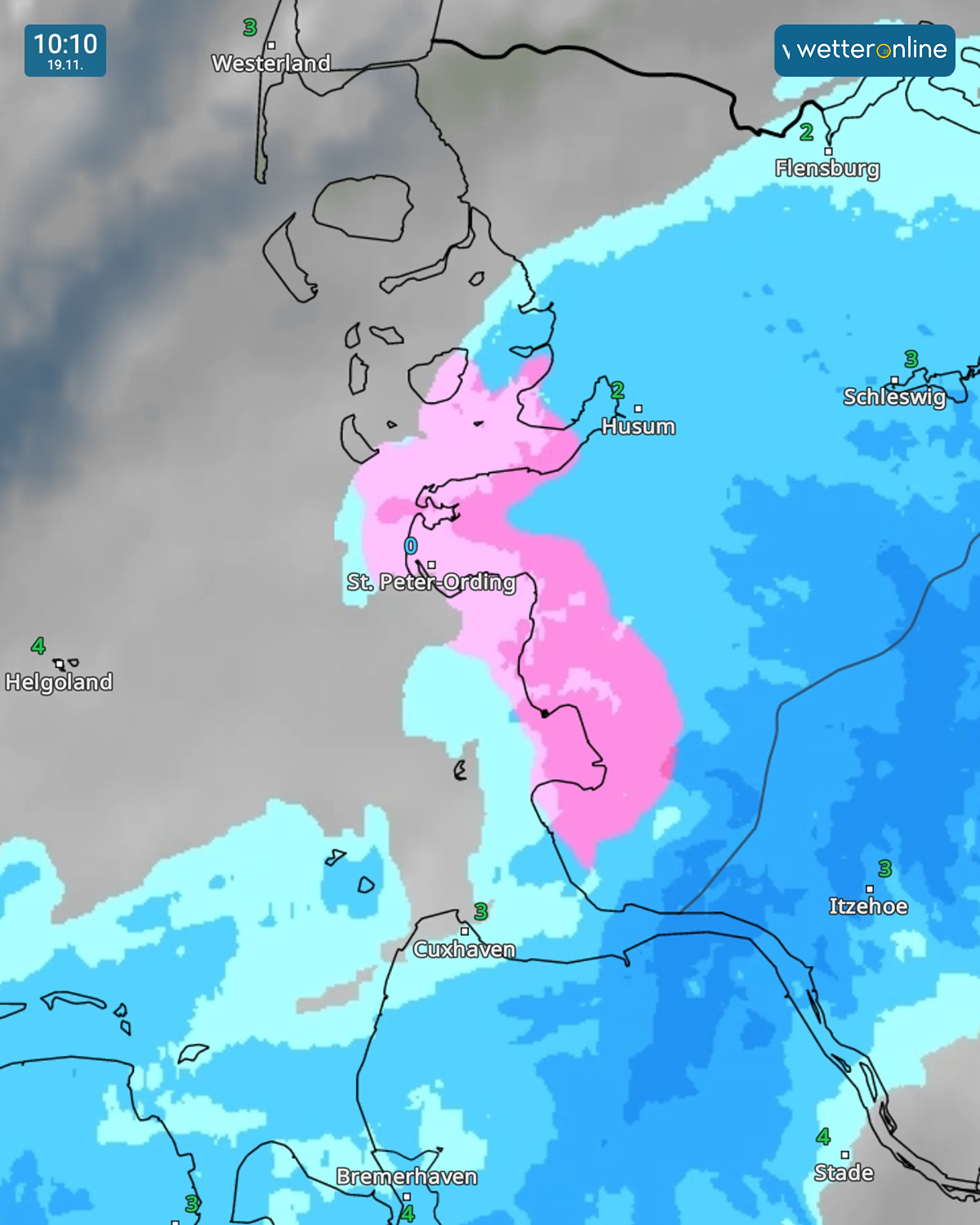 WetterRadar zeigt Schneefall in Schleswig-Holstein