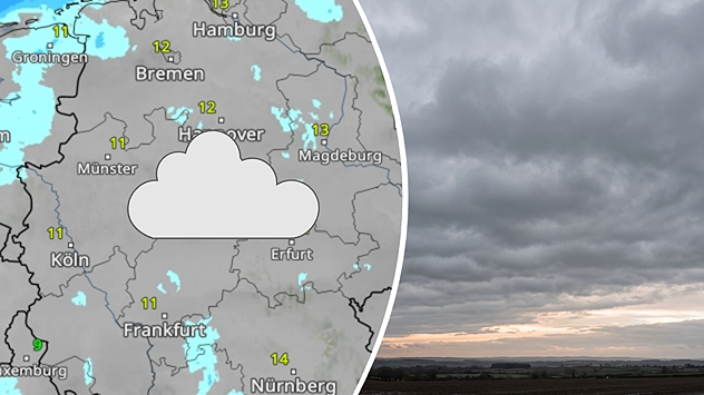 Eine Wetterkarte zeigt viele Wolken über weiten Teilen Deutschlands. Besonders von Nordrhein-Westfalen über Niedersachsen bis nach Sachsen und Thüringen bleibt der Himmel meist grau. Vereinzelt fällt etwas Regen. Die Temperaturen liegen zwischen 11 und 14 Grad. Rechts ist ein Foto mit einer dichten, grauen Wolkendecke zu sehen. Am Horizont zeigt sich ein schmaler heller Streifen.