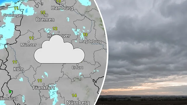 Eine Wetterkarte zeigt viele Wolken über weiten Teilen Deutschlands. Besonders von Nordrhein-Westfalen über Niedersachsen bis nach Sachsen und Thüringen bleibt der Himmel meist grau. Vereinzelt fällt etwas Regen. Die Temperaturen liegen zwischen 11 und 14 Grad. Rechts ist ein Foto mit einer dichten, grauen Wolkendecke zu sehen. Am Horizont zeigt sich ein schmaler heller Streifen.