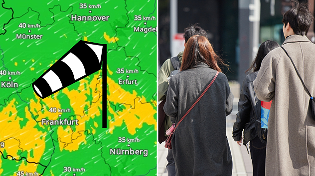 Wetterkarte mit Windpfeilen aus Nordosten über Deutschland, daneben Menschen auf der Straße. Der Wind aus Nordosten verstärkt das Kälteempfinden deutlich.