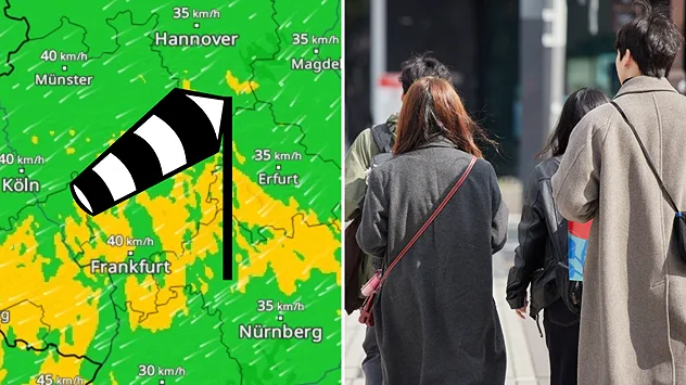 Wetterkarte mit Windpfeilen aus Nordosten über Deutschland, daneben Menschen auf der Straße. Der Wind aus Nordosten verstärkt das Kälteempfinden deutlich.