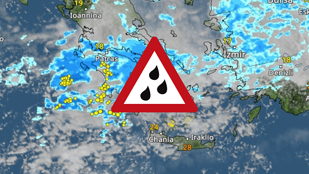Regen- und Gewittergebiete über Griechenland mit zahlreichen Blitzen, Schwerpunkt bei Patras und Athen.