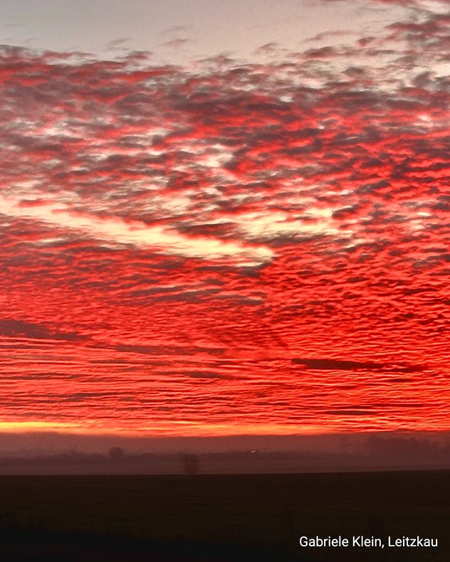 Tiefroter Abendhimmel mit strukturierten Wolken über einer dunklen Landschaft. Intensives Lichtspiel kurz nach Sonnenuntergang.