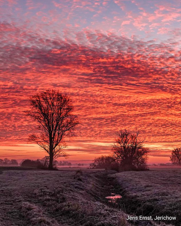 Tiefroter Abendhimmel mit strukturierten Wolken über einer dunklen Landschaft. Intensives Lichtspiel kurz nach Sonnenuntergang.