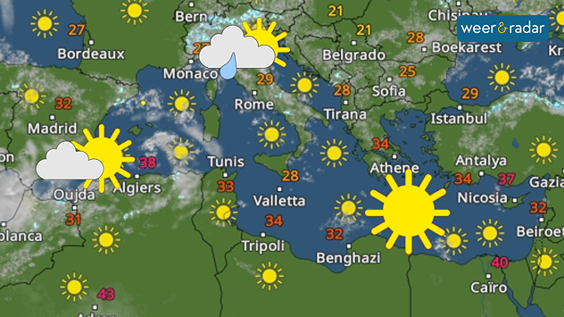 Een afbeelding van de WeerRadar boven de Middellandse Zee toont vrijwel geen buien en weinig bewolking. Icoontjes met veel zon en slechts wat wolken zijn ingetekend.