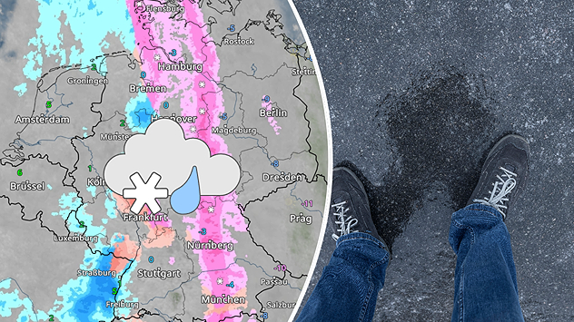 Links: WetterRadar-Karte zeigt ein markantes Band aus Schnee, Schneeregen und gefrierendem Regen von Nord nach Süd durch die Mitte Deutschlands – markiert durch kräftige Rosa- und Blautöne sowie Schnee-Regen-Symbol. Rechts: Rutschgefahr auf glatter Straße – nasser Asphalt und Schuhe auf eisigem Untergrund verdeutlichen die gefährliche Wetterlage.