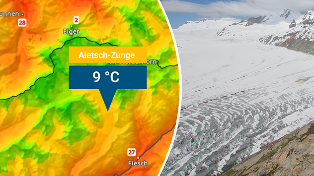 Links: Eine Temperaturkarte vom Aletschgebiet zeigt 9 Grad auf der Gletscherzunge an. Rechts: Ein Bild vom unteren Teil der Gletscherzunge zeigt bereits freiliegendes Eis ohne Schneeschutz.