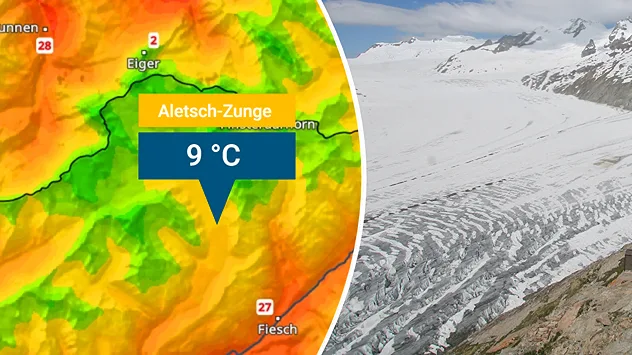 Links: Eine Temperaturkarte vom Aletschgebiet zeigt 9 Grad auf der Gletscherzunge an. Rechts: Ein Bild vom unteren Teil der Gletscherzunge zeigt bereits freiliegendes Eis ohne Schneeschutz.