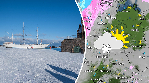 Links: Winterliche Szene vom 6. Januar 2026 im Hafen von Stralsund – schneebedeckter Platz, historisches Segelschiff und blauer Himmel sorgen für klare, frostige Stimmung. Rechts: WetterRadar-Karte zeigt Schneeschauer im Westen, teils Sonne in der Osthälfte – dargestellt mit Schnee- und Sonne-Wolke-Symbolen.