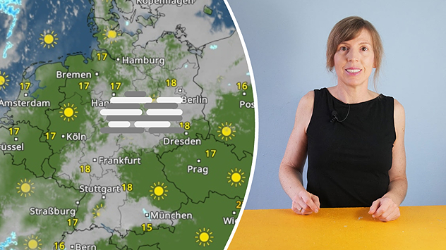 Moderatorin steht rechts neben einer Deutschlandkarte mit der Wettervorhersage für Samstag. Im Westen, Südwesten und Süden scheint verbreitet die Sonne. Vom Norden über die Mitte bis in den Osten ziehen dagegen viele Wolken durch, besonders zwischen Niedersachsen, Sachsen-Anhalt und Thüringen. Einzelne Schauer gibt es an den Alpen. Die Höchstwerte liegen meist zwischen 15 und 18 Grad, an den Küsten um 17 Grad.