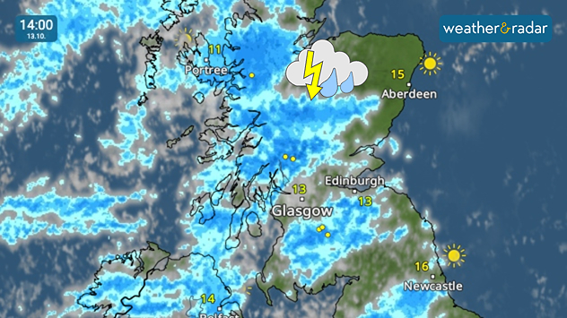 Weather radar at 14:00 on 13.10 showing widespread blue rain bands and lightning across western and central Scotland, with a thunderstorm symbol.