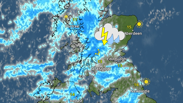 Weather radar showing blue rain bands and lightning across western and central Scotland, with storms near Glasgow and northeast of Edinburgh.