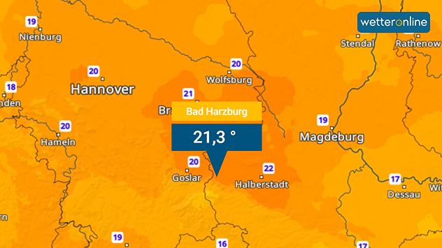 Wetterkarte zeigt 21,3 Grad in Bad Harzburg, Umgebung zwischen 19 und 20 Grad.