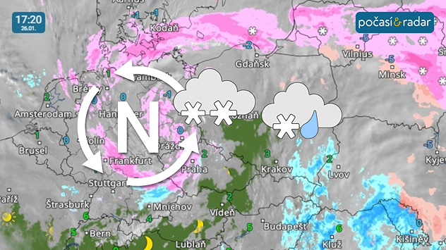 Meteoradar, screenshot, 26. 1. 17:20: V pondělí Česko ovlivňuje tlaková níže, která od neděle pozvolna přešla nad sever Německa, kde se bude vyplňovat.