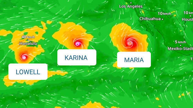 WindRadar voor vrijdag met de drie orkanen Lowell, Karina en Maria boven de Stille Oceaan.