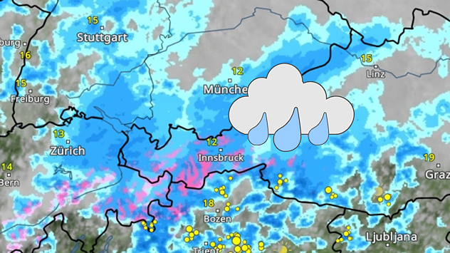 Wetterkarte von Süddeutschland, Österreich und Norditalien. Ein großflächiges Niederschlagsgebiet erstreckt sich von der Schweiz über Bayern bis nach Österreich. Die Karte zeigt überwiegend blaue Farbtöne, die verbreiteten Regen anzeigen, mit einzelnen rosa Bereichen entlang der Alpen, die auf Schneefall oder Schneeregen in höheren Lagen hindeuten. Über Tirol ist ein graues Regenwolken-Symbol mit drei Regentropfen eingeblendet. Sichtbar sind unter anderem die Städte München, Innsbruck, Bozen, Zürich, Stuttgart, Linz, Graz und Ljubljana. Die Temperaturen liegen meist zwischen 12 und 19 Grad Celsius. Gelbe Punkte markieren Blitze beziehungsweise Gewitteraktivität südlich des Alpenhauptkamms.