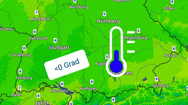 TemperaturRadar für Süd- und Mitteldeutschland mit Werten zwischen 4 und 9 Grad sowie örtlichem Frost im Süden.