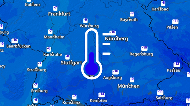 Wetterkarte mit Tiefstwerten bis unter minus 10 Grad. Große Teile Süddeutschlands sind eisig blau eingefärbt.