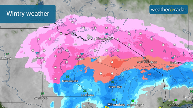 A spring storm system is pulling in cold northern air, allowing snow and a frozen mix to fall in the Upper Midwest.