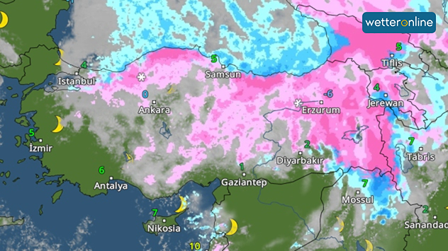 Mapa meteorológico de Turquía con extensas zonas nevadas y temperaturas bajo cero. Ciudades como Ankara y Erzurum se ven afectadas.