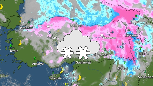 Mapa meteorológico de Turquía con extensas zonas nevadas y temperaturas bajo cero. Ciudades como Ankara y Erzurum se ven afectadas.