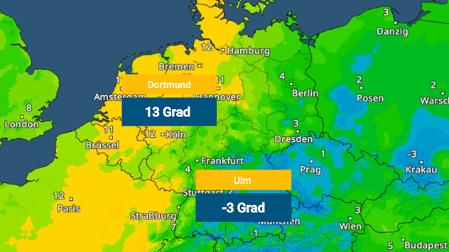 TemperaturRadar mit den Temperaturen am Freitagmorgen