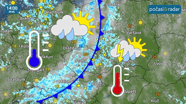 Meteoradar, screenshot, 9. 6. 14:00: Od pondělního večera bude počasí v Česku ovlivňovat zvlněná studená fronta.