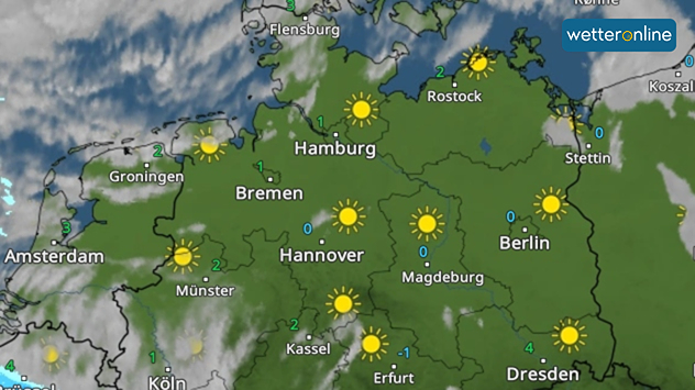 WetterRadar für Sonntagvormittag zeigt kaum Wolken im Norden und Osten