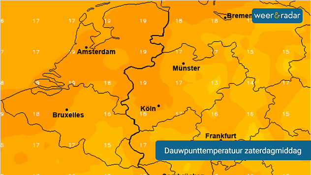 Een kaart met de dauwpunttemperatuur voor zaterdagmiddag. In de Benelux staan er waardes van 15 tot 19 graden.