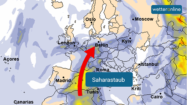 Grafik zeigt optische Dicke in der höheren Atmosphäre. Saharastaub erreicht Mitteleuropa