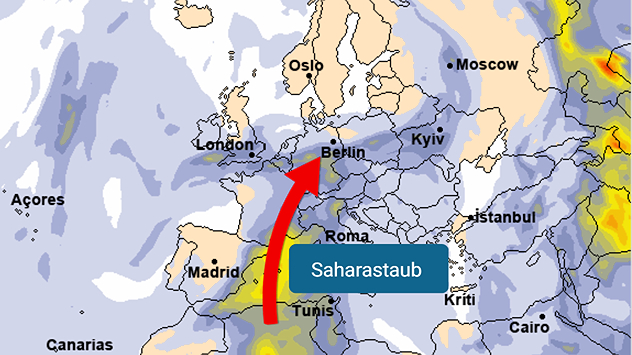 Grafik zeigt optische Dicke in der höheren Atmosphäre. Saharastaub erreicht Mitteleuropa