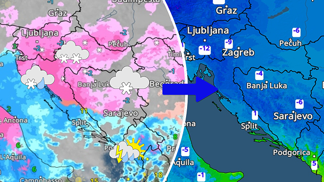 Snijeg negdje do obale. Kišovito južnije