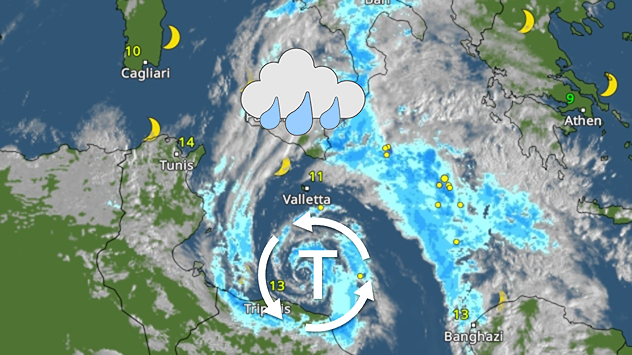 Meteorologická mapa střední části Středozemního moře s tlakovou níží jižně od Malty. Nad Maltou, Sicílií a směrem k Libyi se táhnou husté mraky a široký dešťový pás s přeháňkami a bouřkami. Symboly znázorňují noční podmínky a teploty kolem 9 až 14 stupňů ve městech jako Tunis, Tripolis, Valletta, Benghází a Atény.