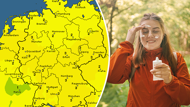 Deutschlandkarte mit UV-Index und Frau beim Auftragen von Sonnencreme im Freien.